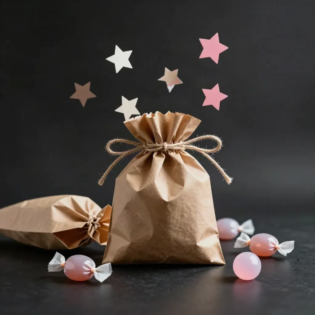Kraft party bags tied with twine, sweets and paper stars drifting on a dark studio surface.