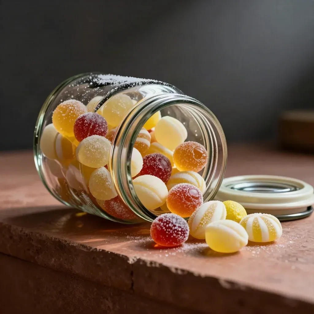 Glass retro sweet jar tipping sweets across a dark stone ledge, lid beside it.