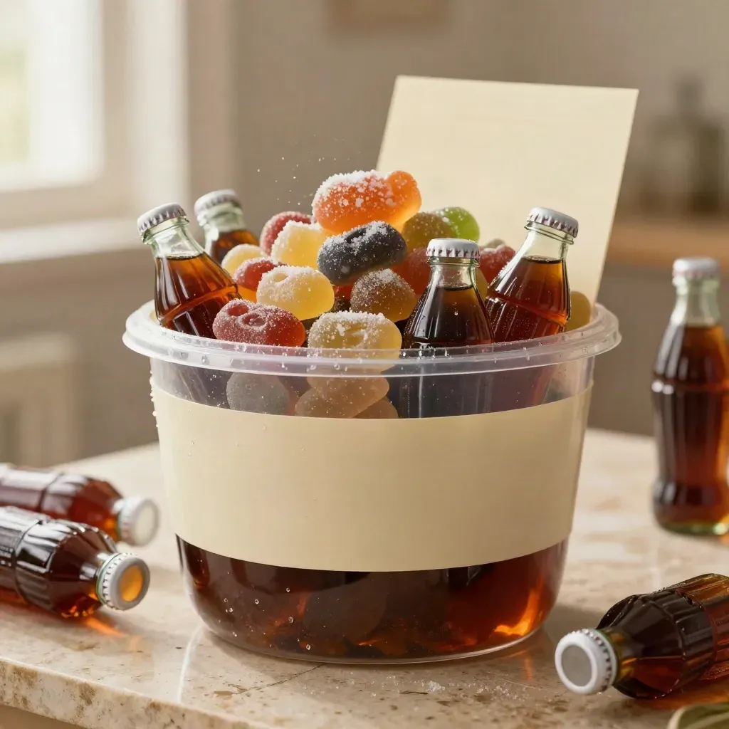 Oversized tub of cola bottle sweets piled high on limestone with cream band and rolling pieces.