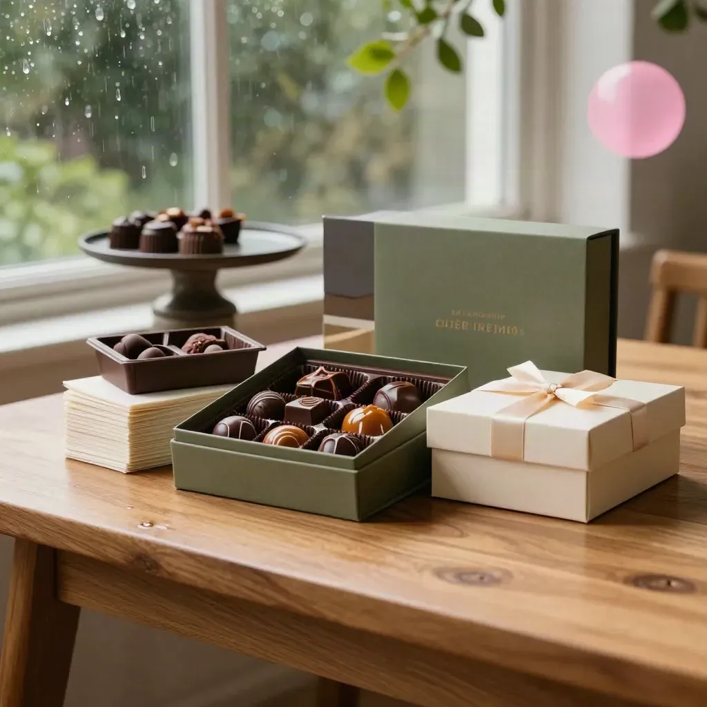 Chocolate gift boxes on a honey-oak table beneath a rainlit conservatory window.